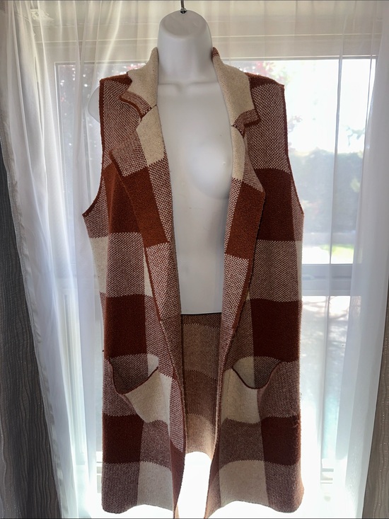 Maurices Jackets & Blazers - Maurices Rust & Cream Plaid Sleeveless Cardigan Vest